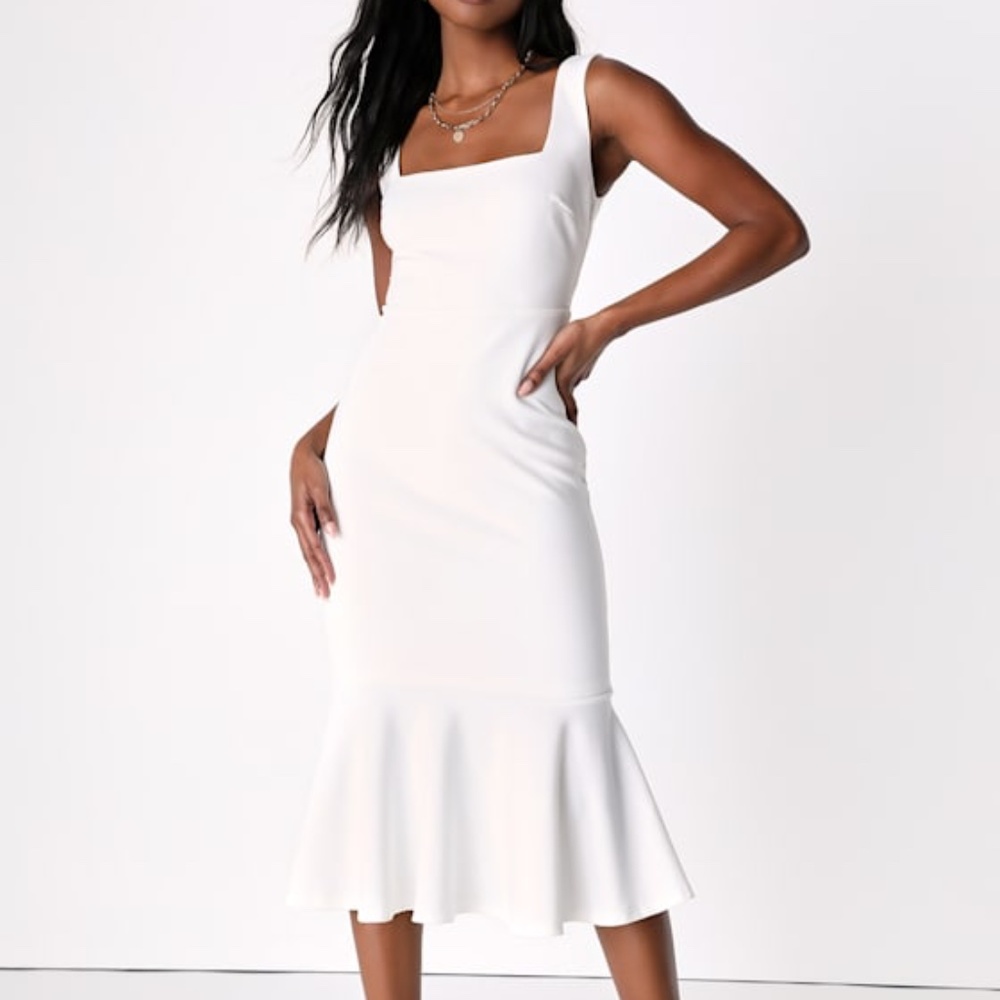 Lulus Moment Maker White Square Neck Trumpet Midi Dress - Size M